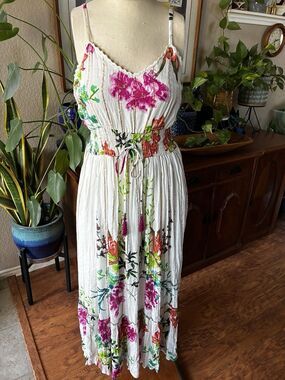 Anthropologie Maxi Floral Cottage Peasant Smocked Resort Boho XL White Pink